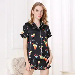 FLSK бренд сексуальный натуральный шелк женские пижамы Мода Элегантный Печатный короткий рукав пижамы шорты наборы 2019 новый 100% шелк пижама