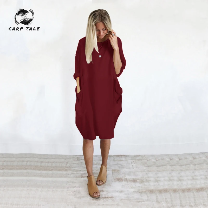 

Autumn Women Dress with Pocket Casual Ladies Crew Neck Loose Dress 2019 New Fashion Long Sleeve Dress Black Gray Female