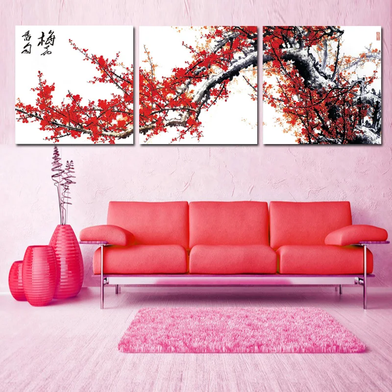 

Triptyc Red Plum Blossom Flower Modular Traditional Chinese Painting Posters and Prints Art Canvas Wall Pictures For Living Room