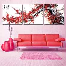 Triptyque fleur de prunier rouge modulaire traditionnel chinois peinture affiches et impressions Art toile mur photos pour salon
