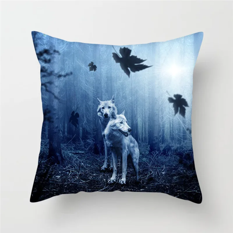 Fuwatacchi Ferocious Wolf Cushion Cover Wolf Howl Moon Pillow Cover For Home Chair Wolf in the Forest Decorative Pillows 45*45cm