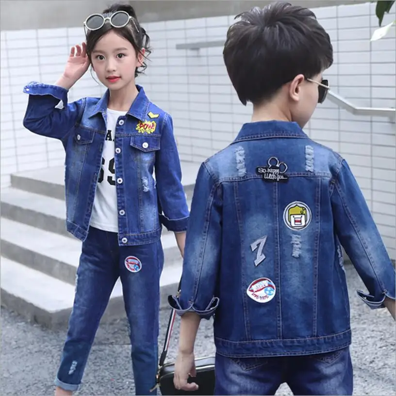 

Children's Spring/Autumn Denim Casual Set Boy/Girl Fashion Letters Subsidized Long Sleeve Jacket Jeans Set Kid/Baby Clothes