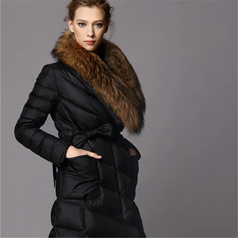 Женский пуховик 2019 длинный утолщенный роскошный Воротник из меха енота piumino donna