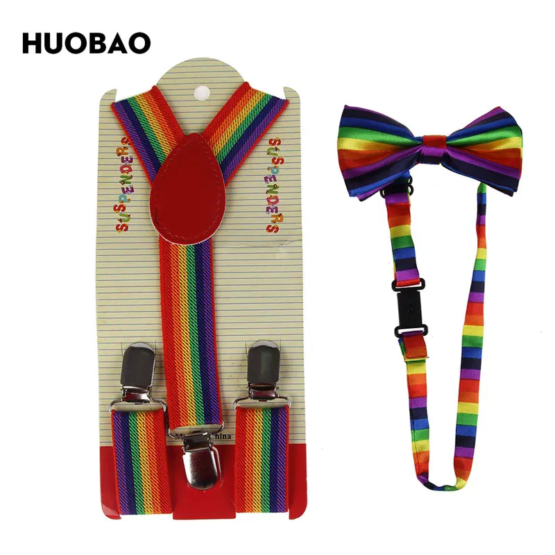 HUOBAO, красные радужные полосатые галстуки-бабочки с подтяжками, комплекты для детей, для мальчиков и девочек - Цвет: 01