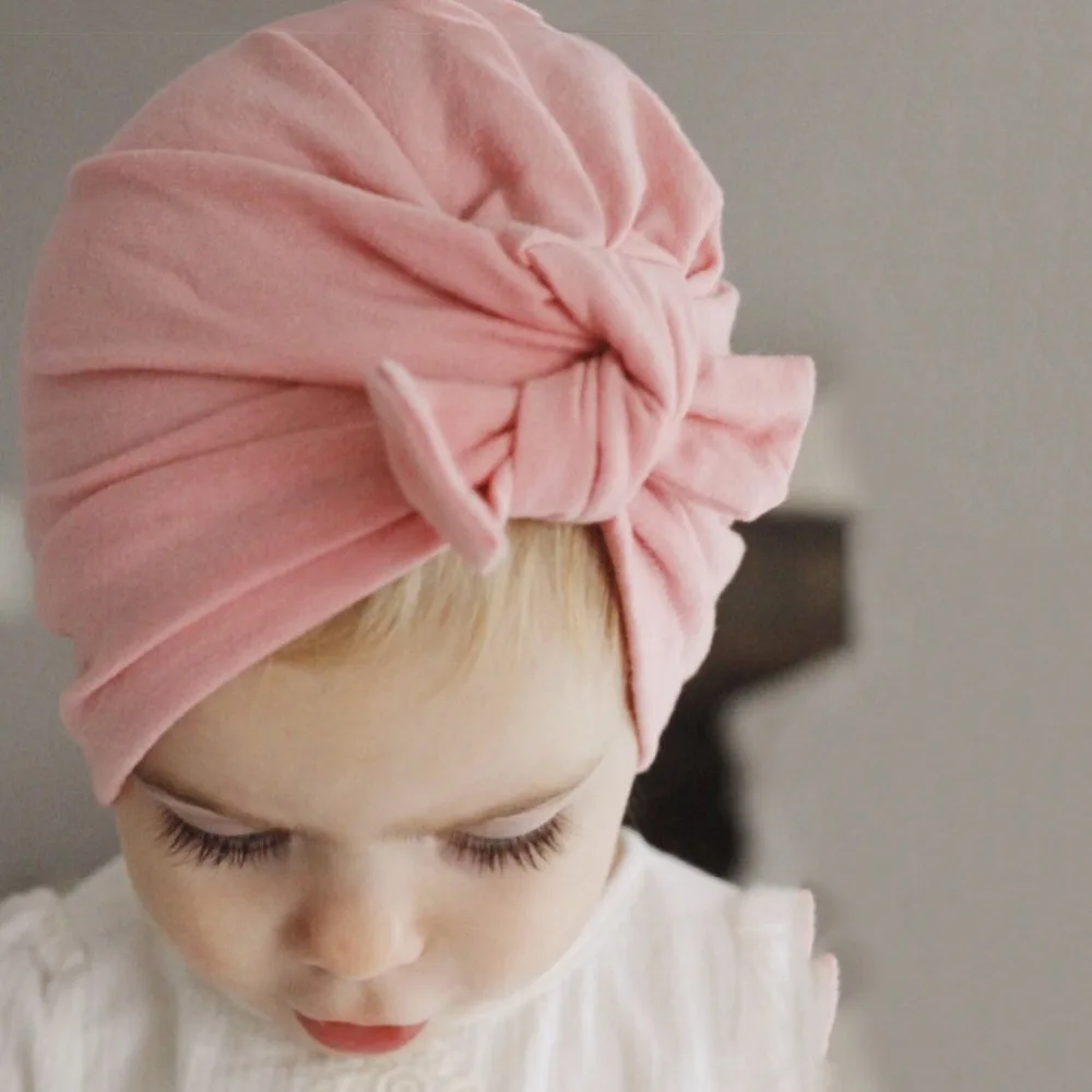 

Baby Bow Hat Solid Color Stretchy Turban Bonnet Infant Girls Cotton Soft Beanie newborn photography props