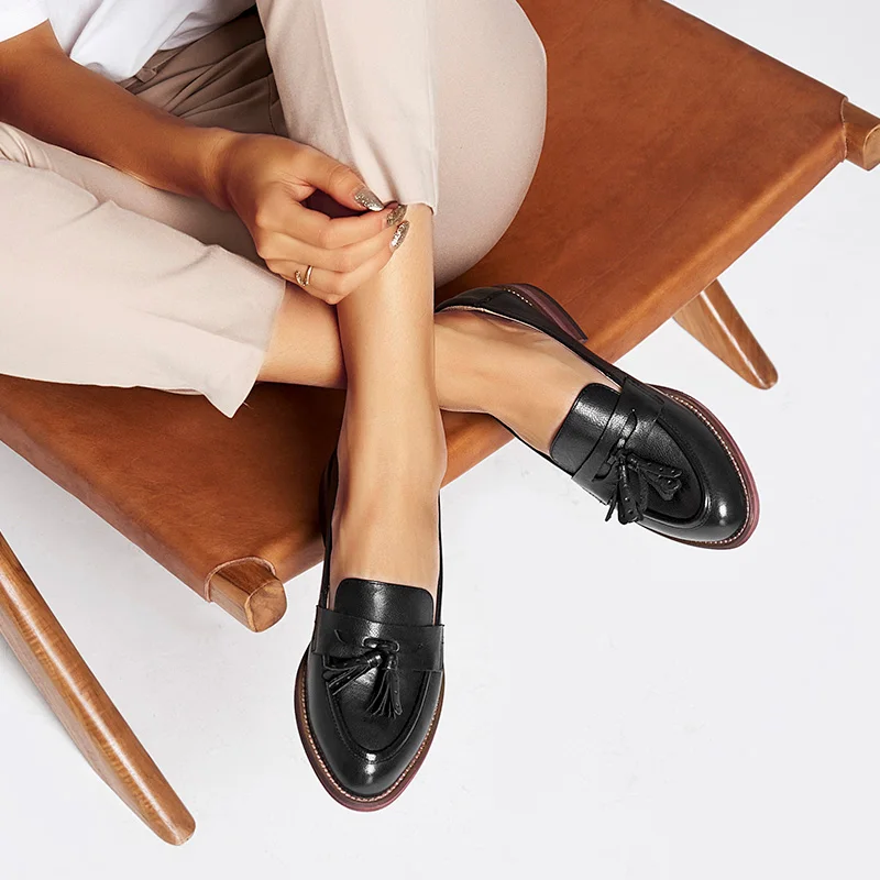 BeauToday Tassels Penny Loafers Women Waxing Sheepskin Genuine Leather Pointed Toe Ladies Slip On Flat Shoes Handmade A27075