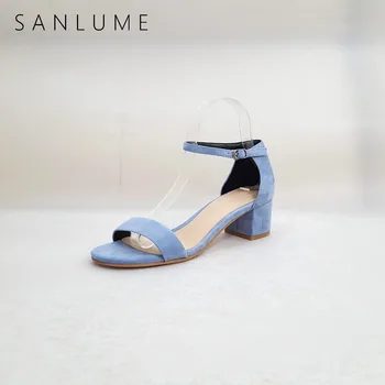 

SANLUME New Summer Kid Suede High Heels Sandals Women Pumps Jelly Shoes Woman Leather Sandals Ankle Strap Thick Heels Peep Toe