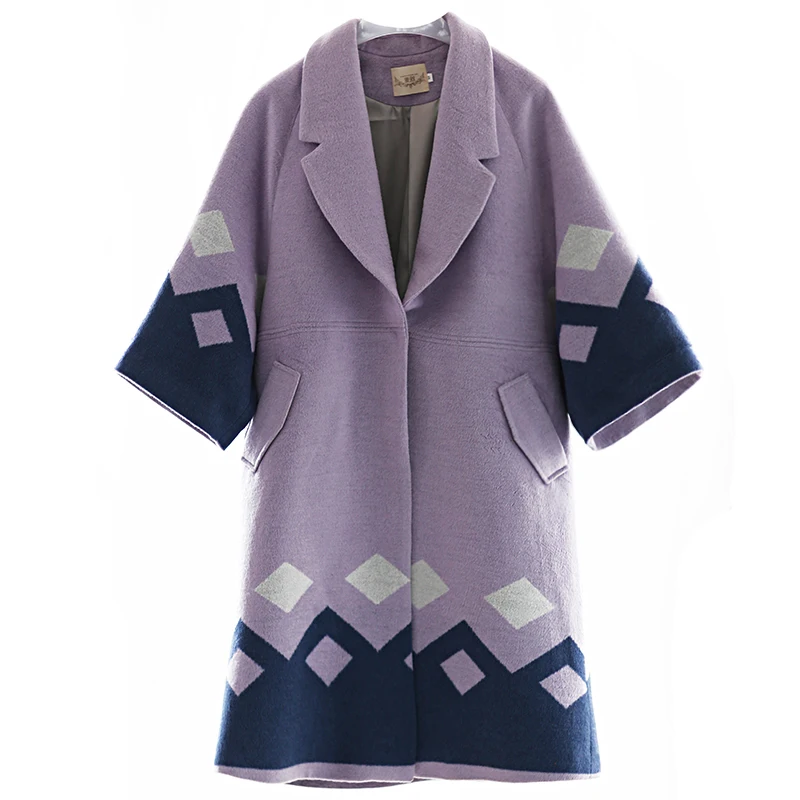 pourpre 2017 Femmes Entaillé De Arrivée Gris Manteau Lâche Long D'hiver Col Plaid Mx150 Nouvelle Imprimer Laine nP0N8wyvOm