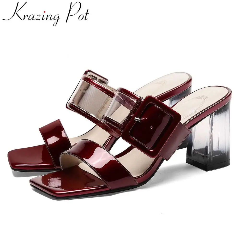 

Krazing pot vintage cow leather high heels slip on mules peep square toe European designer streetwear jelly shoes sandals L35