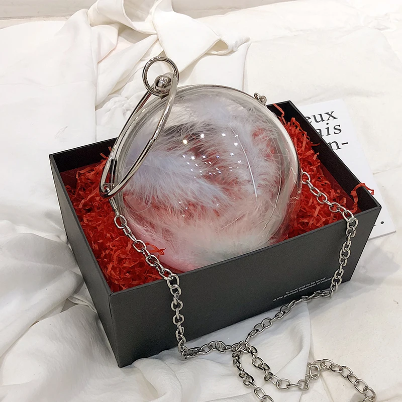 

Brand Acrylic Clear Ball Bag Luxury Ladies Party Messenger Bags Feather Women Evening Bags Round Handle Shoulder Bag Handbags