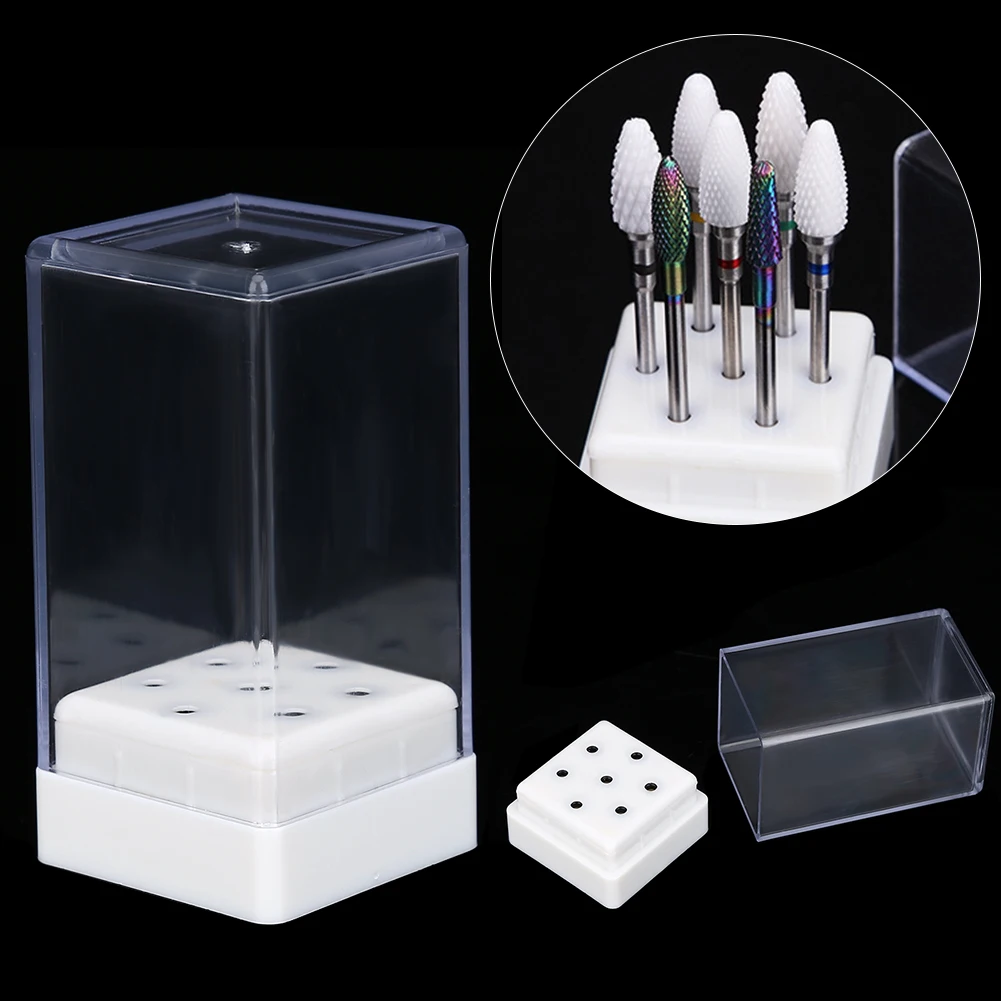 

7 Holes Nail Drill Bits Holder Display Standing With Cover Storage Case Organizer Nail Drills Bits Box Nail Art Equipment