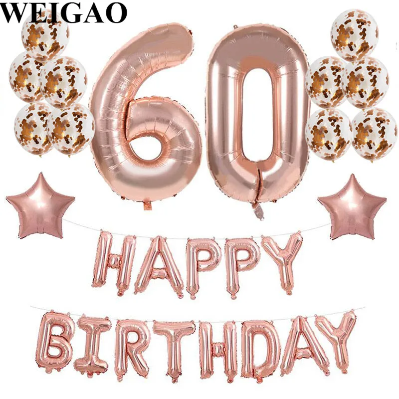 

WEIGAO 60th Birthday 40inch Rose Gold Number Foil Balloons Adult Anniversary Happy Birthday Helium Balloons Event Party Supplies