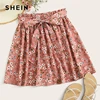 SHEIN Boho Navy Ditsy Floral Print Paperbag Waist Belted Flared Skirts Womens Summer 2019 Casual Frilled Pleated Mini Skirt Skirts Children's Girl Clothing