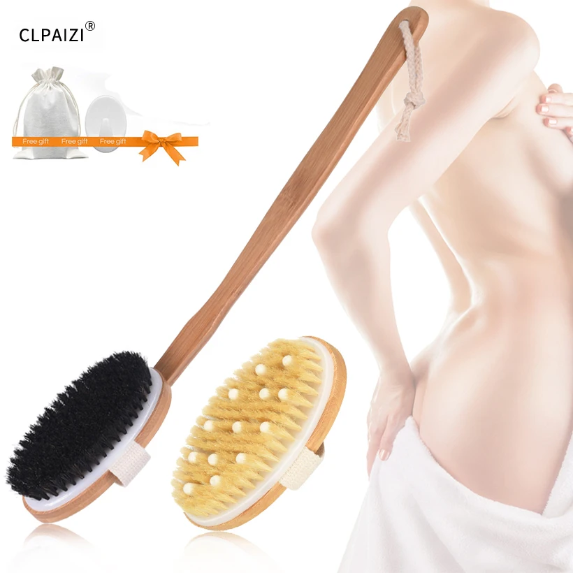 LPAIZI Natural Bristle Bathes Brush Premium Dry Brushing Body Brush , Long Handle Body BrushExfoliating Massage Bath Brush D30
