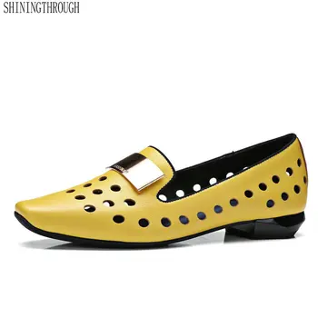 

2019 spring summer womens pumps Cut outs summer woman shoes platform genuine leather square toe low heel Large size 34-42