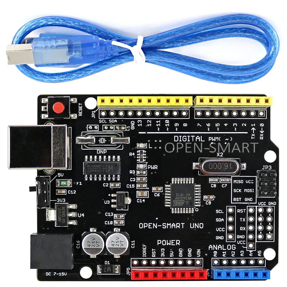 Плата разработки OPEN-SMART 5 В/3,3 В, совместимая с UNO R3 (CH340G) ATMEGA328P, с usb-кабелем для Arduino UNO R3 Плата разработки OPEN-SMART 5 В/3,3 В, совместимая с UNO R3 (CH340G) ATMEGA328P, с usb-кабелем для Arduino UNO R3