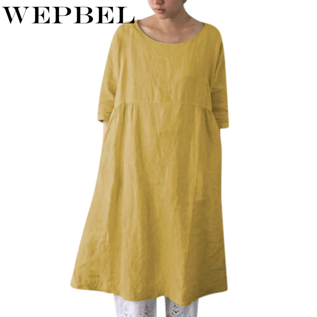 WEPBEL женское платье с круглым вырезом и рукавом 3/4, однотонное свободное платье-рубашка, платье-кафтан