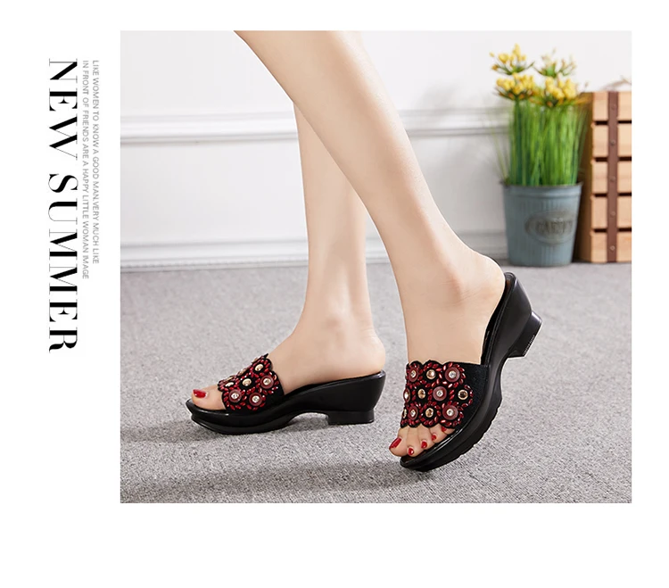 GKTINOO женские тапочки с женские летние шлепанцы Женская обувь на платформе; модная обувь на каблуке Стразы Летняя обувь натуральная кожа
