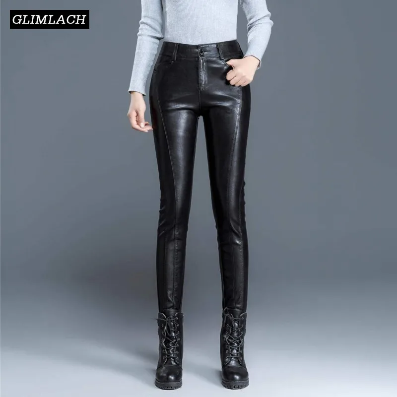 Plus Size Women Real Leather Fleece Lining Pencil Pant Office Ladies
