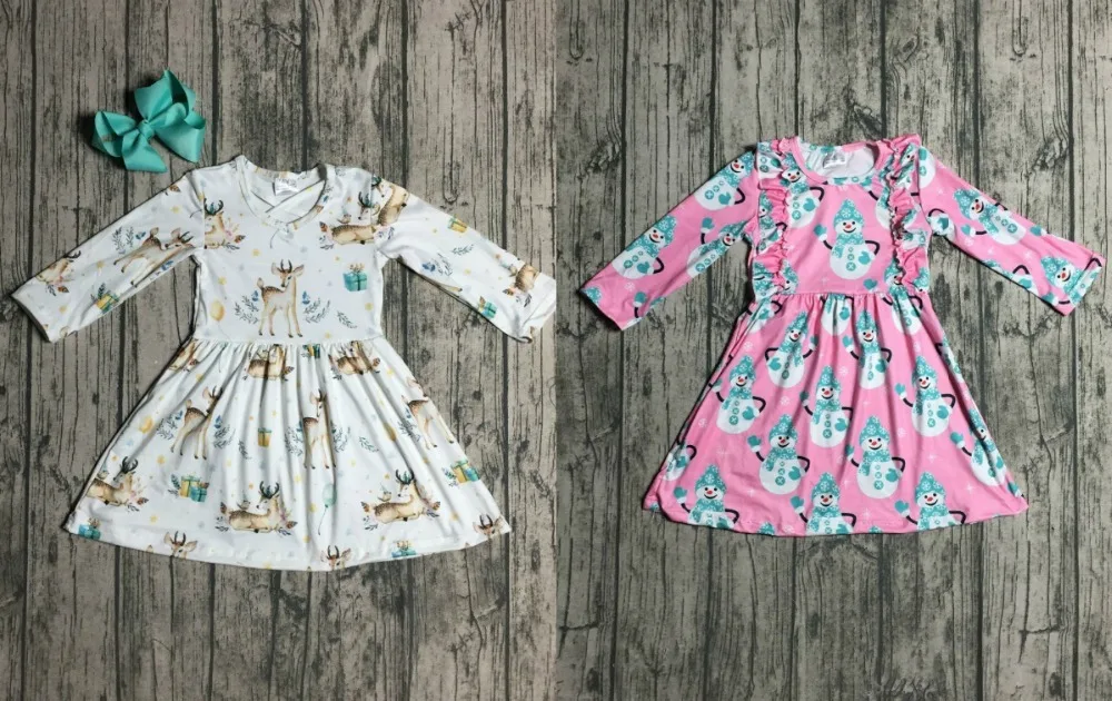 

2 color spring Christmas winter baby girls children clothes boutique cotton pink snowman reindeer milk silk match bow ruffles