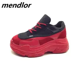 Красный, Белый, Черный Коренастый спортивная обувь весенние женские Сникеры на платформе повседневная обувь женские кожаные обувь
