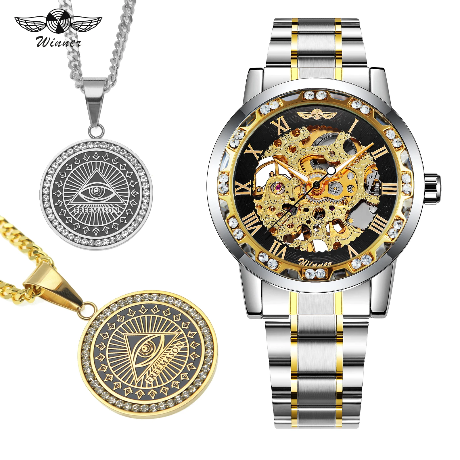 

WINNER Official Fashion Mechanical Mens Watches Top Brand Luxury Steel Strap Hip Hop Punk Jewelry Set + EYE Creative Necklace