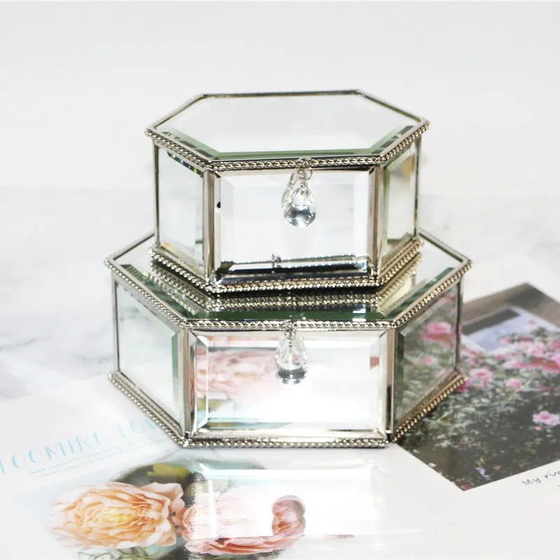 Wuweiwei12 Boîte à bijoux hexagonale en verre miroir pour femme et fille 