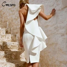 CWLSP White One Shoulder Knee-Length Summer Woman Dress Split Slim Dresses High Waist Backless vestidos verano 2018 QL4154