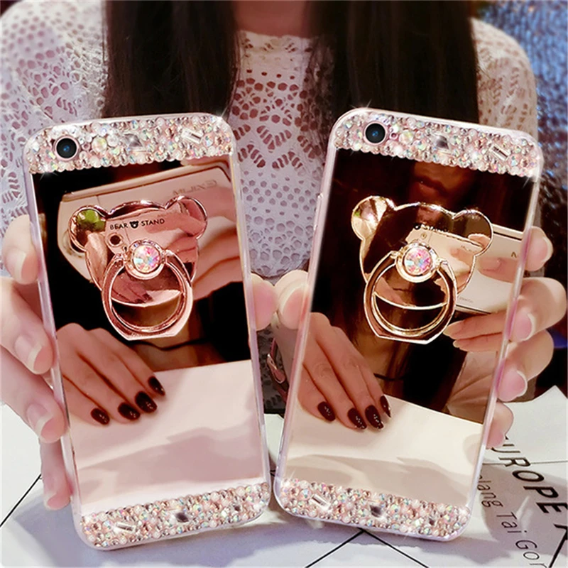 

ELETEIL Jewelled Mirror Cover Case With Finger Ring Kickstand For Samsung Galaxy S10 Plus S10e Glossy Plating Fitted Cases E2