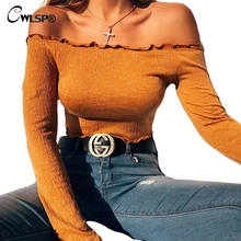 CWLSP Sexy Slash Neck Women T-shirt Long Sleeve Lettuce Edge Casual Crop Top t shirt woman's fashion 2017 summer Autumn QL3281 CWLSP Sexy Slash Neck Women T-shirt Long Sleeve Lettuce Edge Casual Crop Top t shirt woman's fashion 2017 summer Autumn QL3281