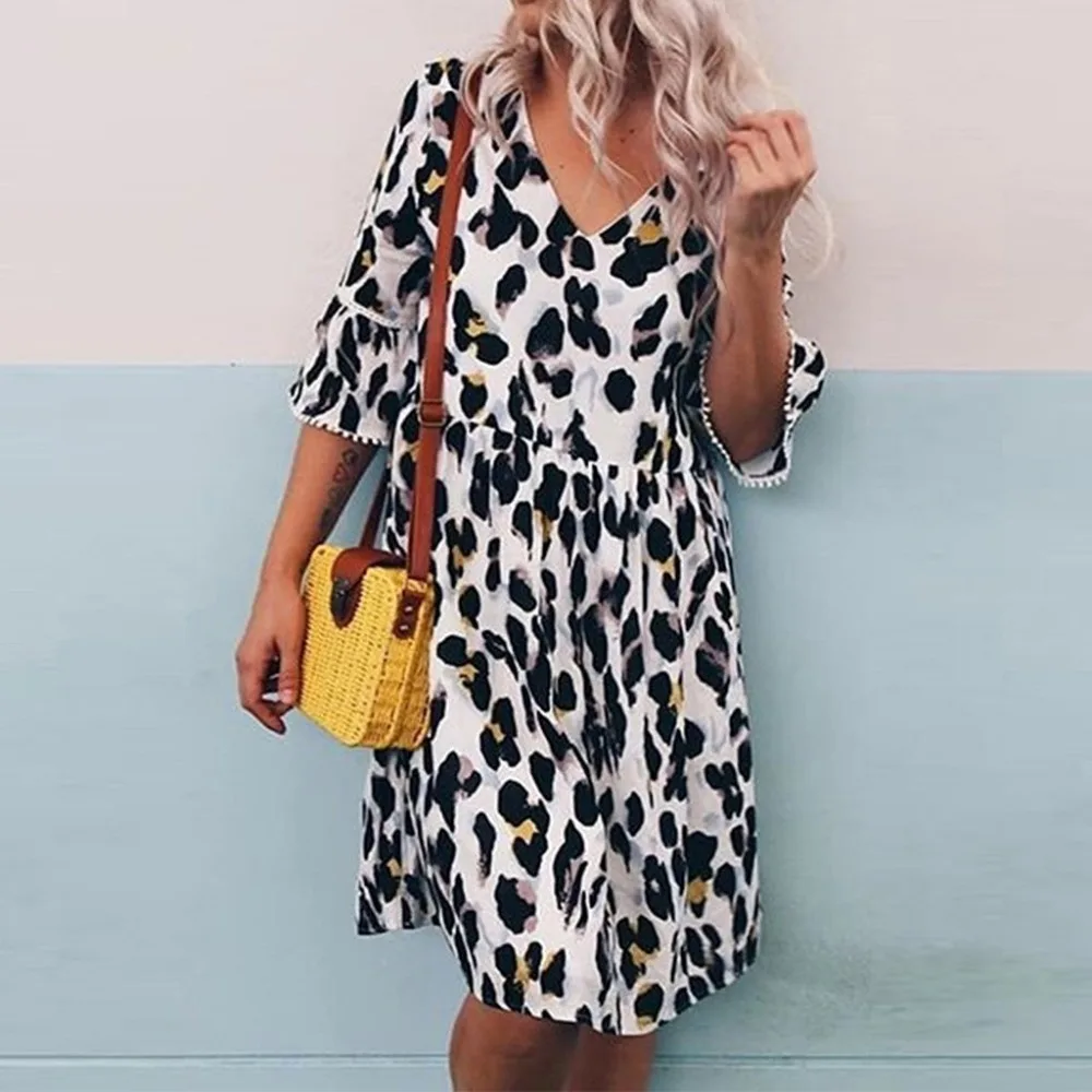 

Summer Dresses Plus Size 5XL Womens V-Neck Leopard Print Middle Sleeve Dress summer beach dress zomerjurk dames 15#