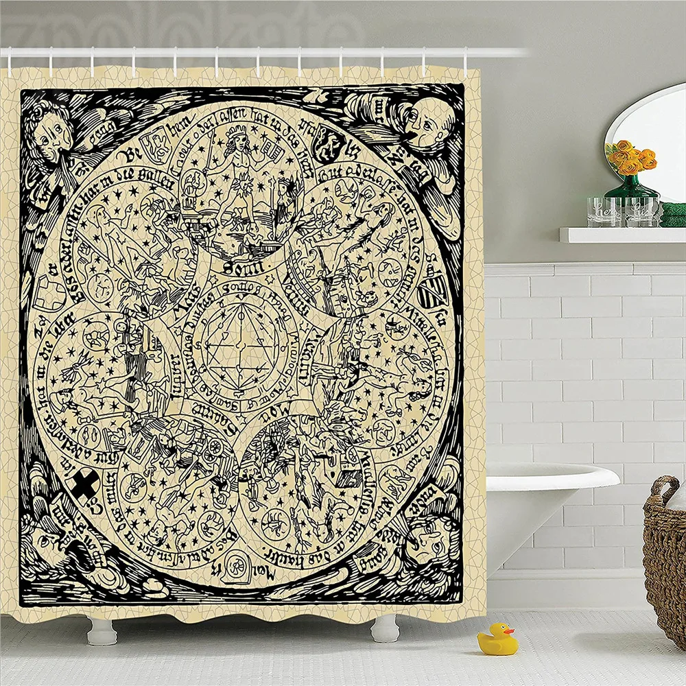 

Astrology Decorations Shower Curtain Set Series Of Ancient Mystic Esoteric Old Map With Man Figures Vintage Symbols Decor