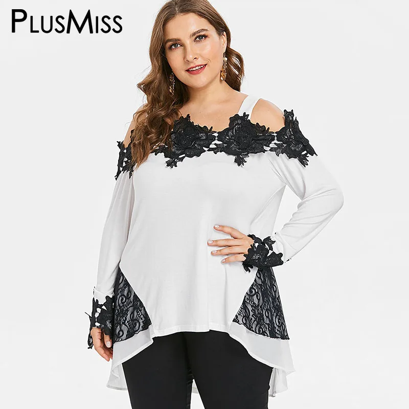 PlusMiss плюс размер 5XL L цветочные кружева вязание крючком с плеча блузка женская