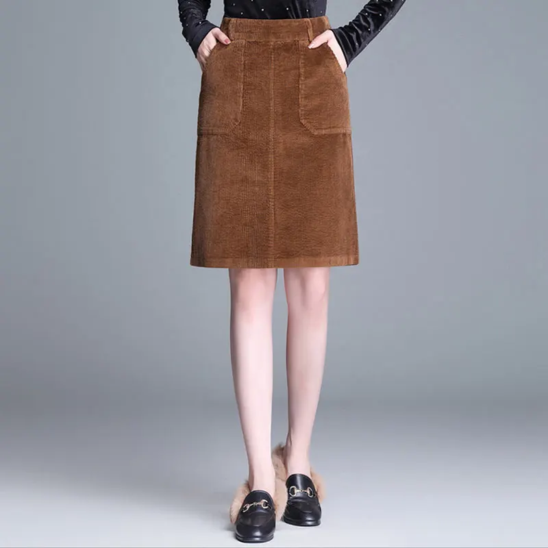 Fashion Women's High Waisted Skirts Winter Vintage Ladies Corduroy