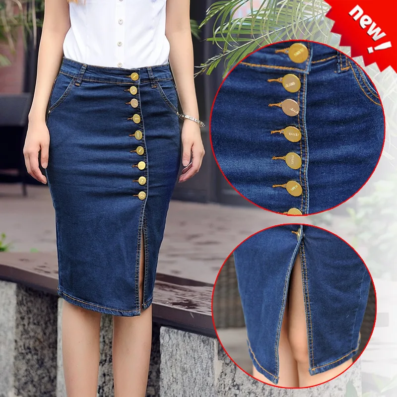 button front denim skirt knee length