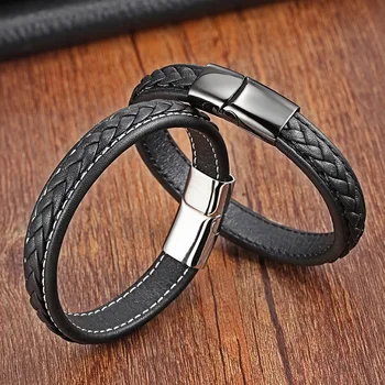 Classic 19,21,23cm Size Choose Genuine Leather Stainless Steel Magnetic Buckle Men Women Leather Bracelet Fashion Charm Bracelet