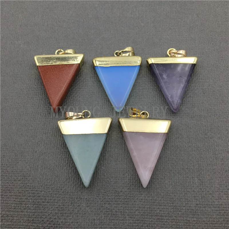 MY0623 Mix Stone Triangle Point Pendant,Pink Crystal Amethysts Gold Sand Opal Aventurine Gems Stone Pendant Gold Electroplated (1)