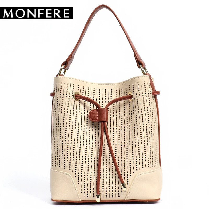 

MONFERE Fashion Women Hollow Out Handbags Vegan leather Drawstring Bucket Contrast color Hobo Girls' Shoulder Bags Messenger Bag