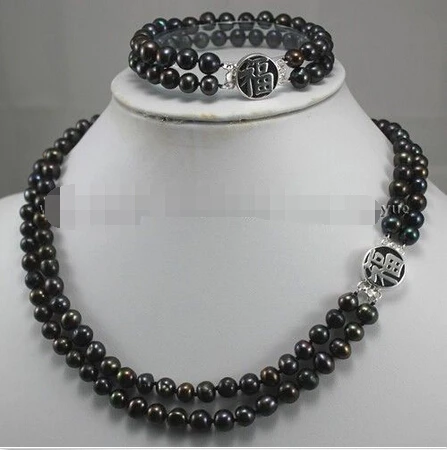 

2Rows 7-8mm Black Akoya Cultured Pearl Silver Clasp Jewelry Necklace Bracelet (A0516)