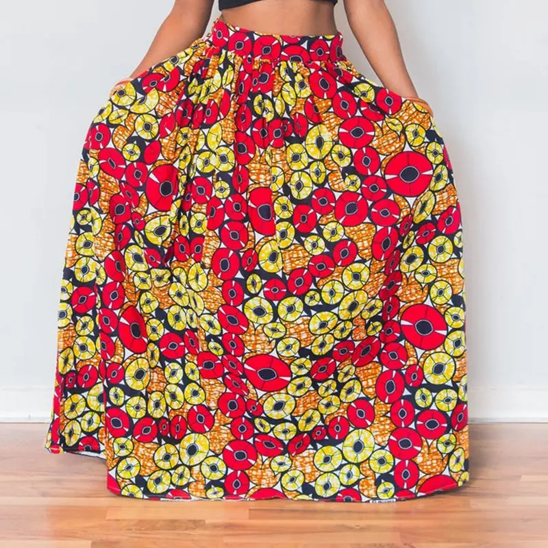 

Summer Boho Travel Beach African Fashion Red Women Long Skirts Plus Size Party Print Casual Geometric Female Chic Maxi Skirt