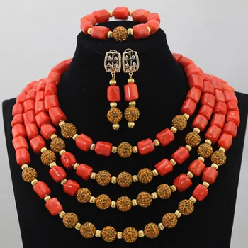 

African 4 Layers Orange Coral Beads Add Gold Balls Jewelry Set Party/Wedding Costume Jewelry Set Wholesale Free Shipping CJ463