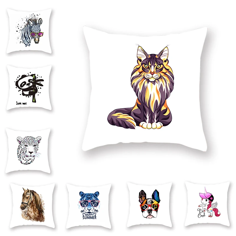 Cartoon Animated Throw Pillow Covers Watercolor Animal Cushion Set Unicorn Zebra Tiger Lion Pattern Polka Dot Green Sofa Deco
