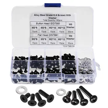 

180pcs Alloy Steel M3 Hex Socket Button Head Flat Heat Screw M3 M4 Washer Assortment Drop shipping