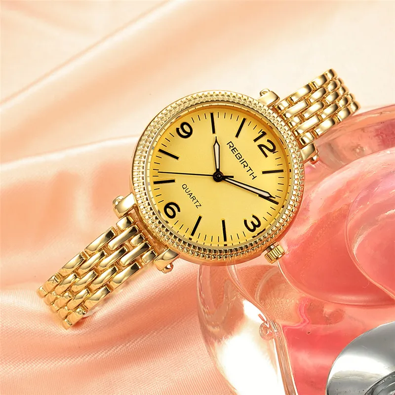 Rebirth Steel Strap Watch Women Gold Watches Quartz Casual Ladies Watches Top Brand Luxury Rose