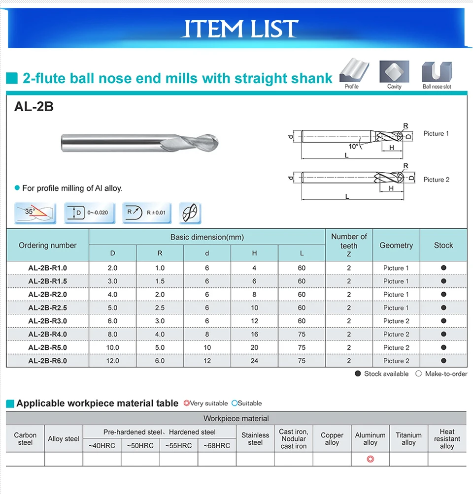 ZCC AL-2B solid tungsten carbide 2 flute aluminium ball nose end mill cnc milling cutter cutting tools for machining profile