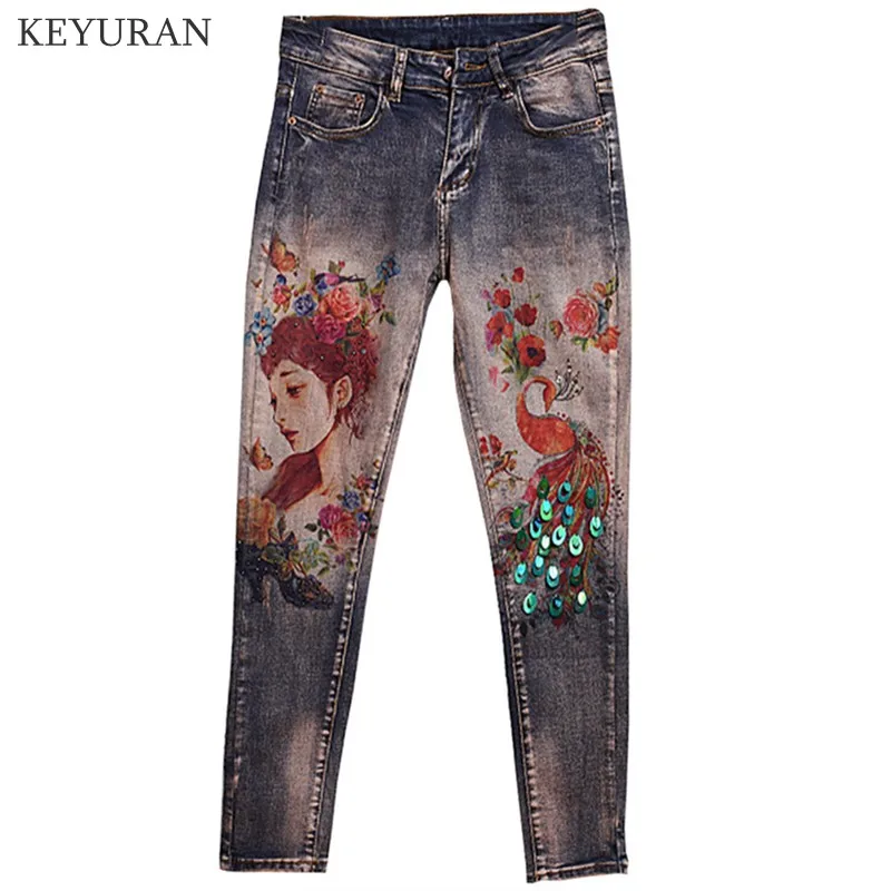 

Denim Pants 3D Printed Stretchy Slim Jeans Lighting Women Peacock Flower Printing Pattern Large Size 32 Skinny Jeans For Lady