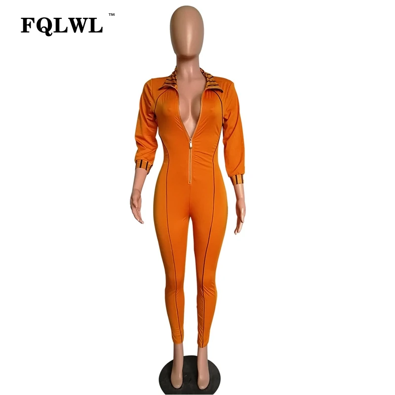 FQLWL, уличная одежда, бодикон, сексуальный комбинезон для женщин,, Осень-зима, на молнии, длинный рукав, комбинезон для женщин, s комбинезон, женские комбинезоны - Цвет: Оранжевый