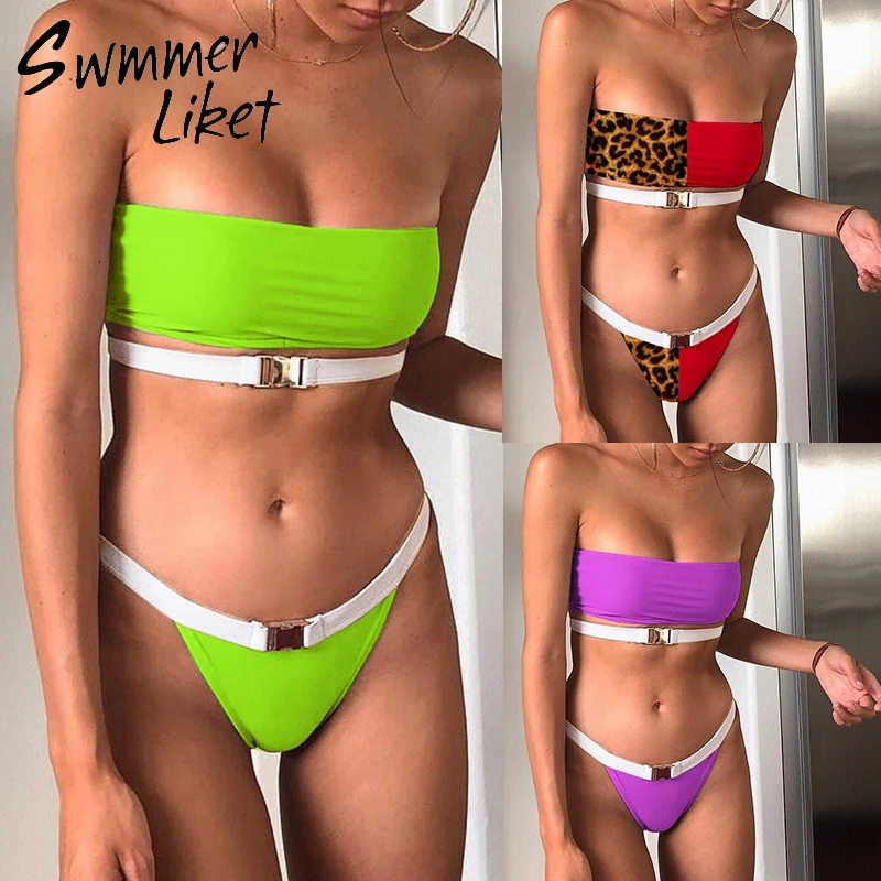 

Brazilian leopard buckle bikinis 2019 mujer bathing suit Bandeau push up swimsuit female bathers Sexy swimwear neon green bikini