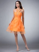 Short A-linie Mini Halter Orange Ballkleider Mit Straps Junioren Perlen Tiered Organza Urlaub Partei Kleider 2015 cd7903