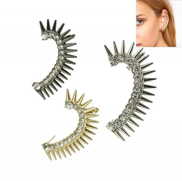 

Fashion Punk Rivet Clip on Earrings Exaggerated Personality Women Ear Wrap Rhinestone Cuff Earrings Wholesale 1pc Left Ear
